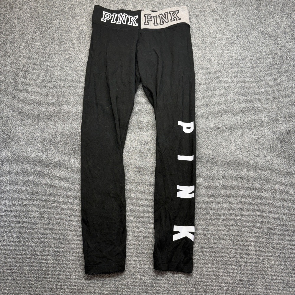 Victorias Secret PINK Yoga Leggings Black Foldover Waist Logo Graphic Womens M